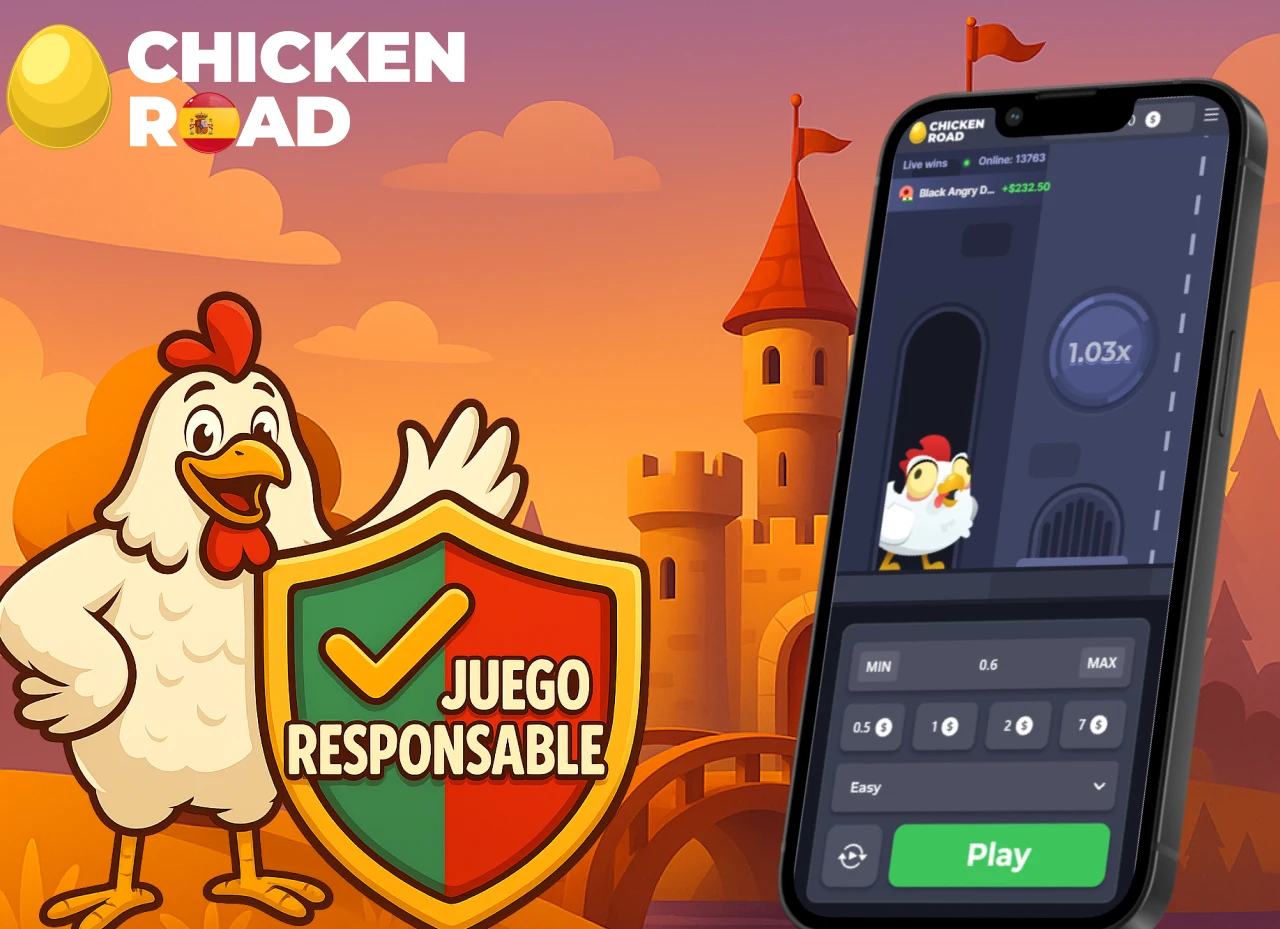 Gallina de Chicken Road sosteniendo escudo de juego responsable junto a teléfono con el juego abierto